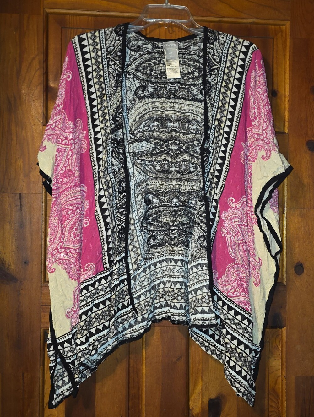 Chico's L/XL Boho Black,pink  and Cream Patterned Lightweight Cover Up.